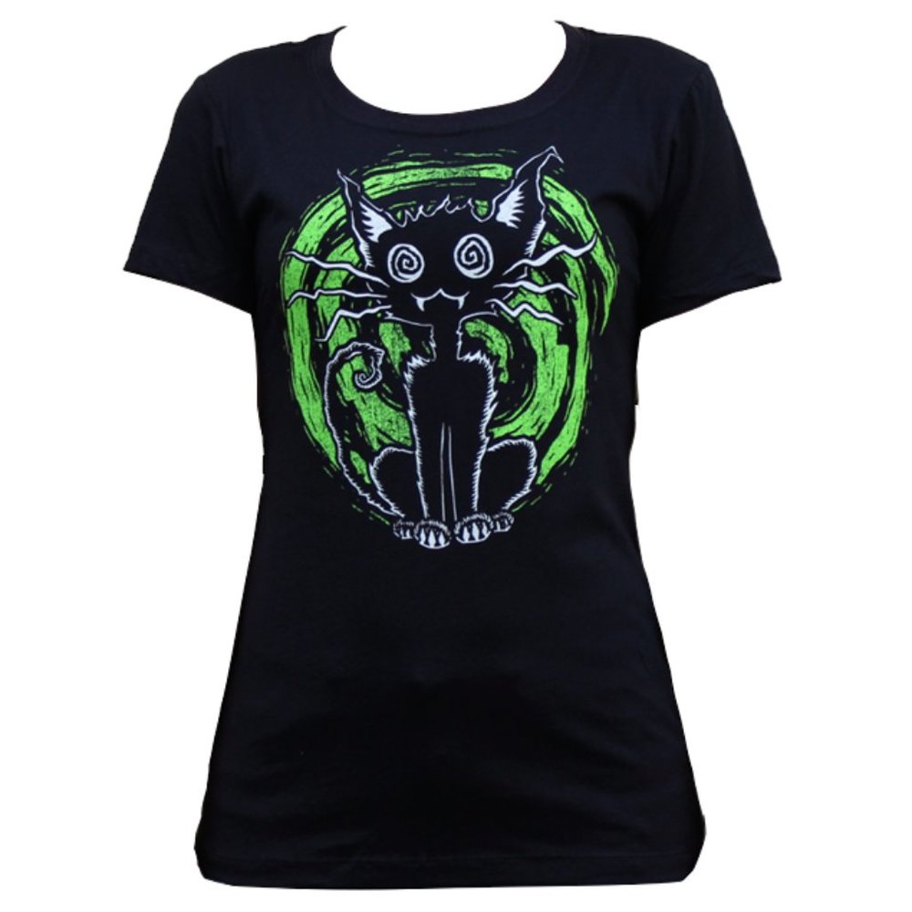 Alley Cat Tattoo Art Black & Green Women's Tee S-M-L-XL-XXL NWT